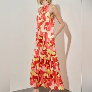 Ming Wang Medium Abstract Print Creped-de-Chine Sleeveless Halter Maxi Dress New